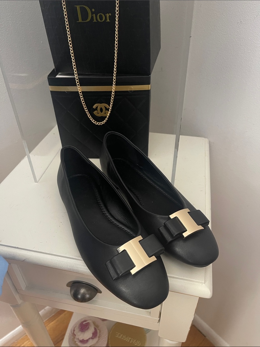 Faux Leather Black Flats with Gold-Tone Buckle